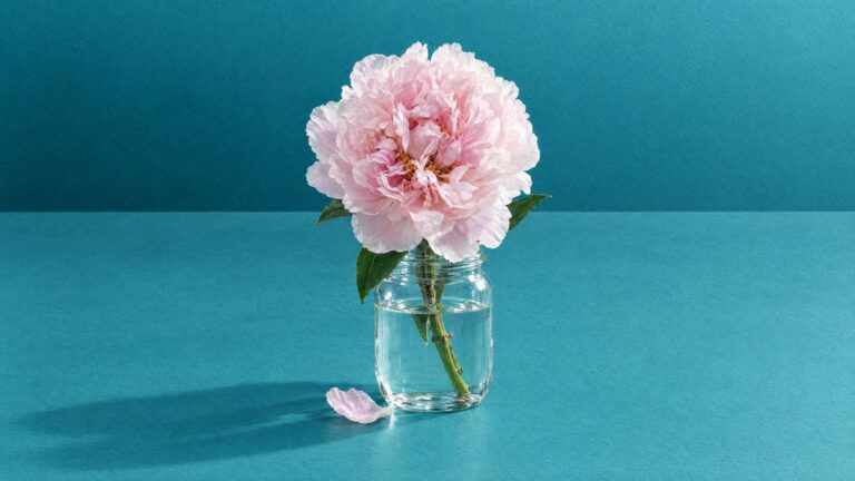 A single pale pink peony in a small glass jar of water, with one fallen petal