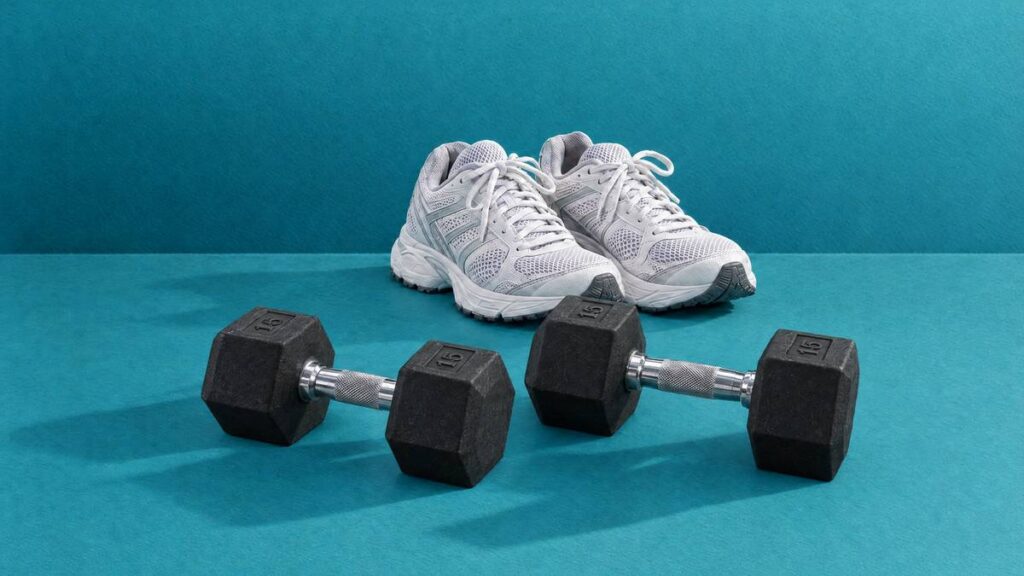 A pair of hex dumbbells in front of white running shoes